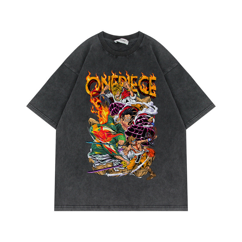 230G Heavyweight Washed Old Half Sleeve T Shirt American Vintage Oversize Anime Pirate King Luffy Short Sleeve T
