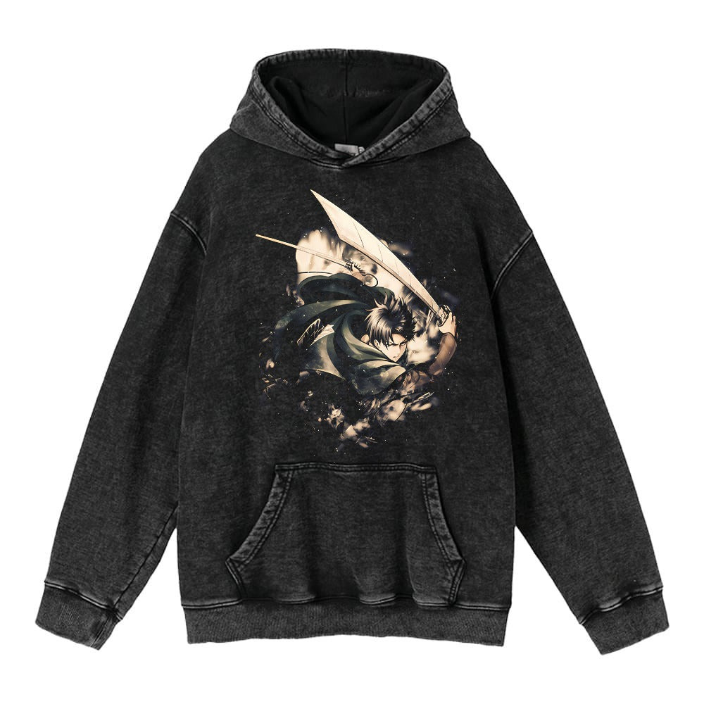 Hoodie's New Attack on Giant Anime Surrounding Print Trendy Brand Water Wash Retro Hooded Hoodie for Men