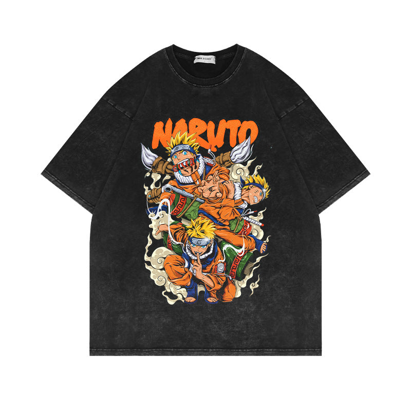 280G Heavyweight Washed Old Short Sleeve T shirt Naruto Anime American Retro Oversize Half Sleeve Cotton