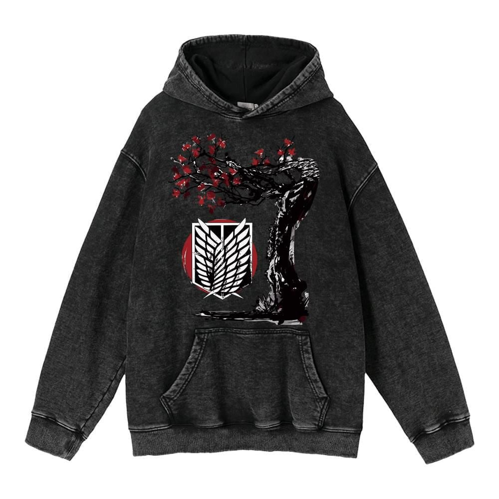 Hoodie's New Attack on Giant Anime Surrounding Print Trendy Brand Water Wash Retro Hooded Hoodie for Men