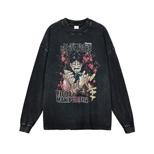 Anime Spell Digital Printed Long sleeved T-shirt Water Wash Wax Dyed Old Fashion Brand Men's T-shirt