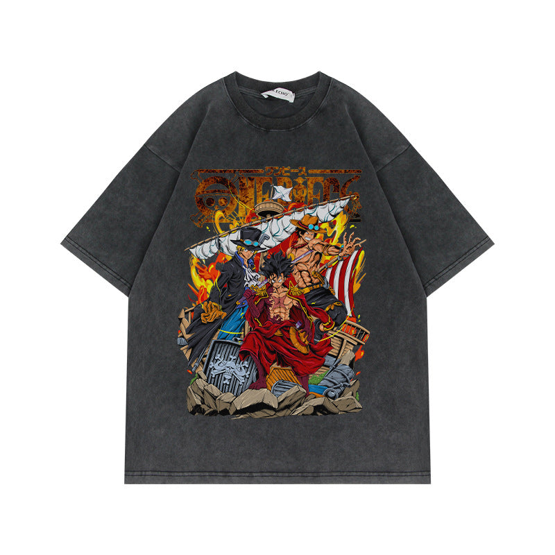230G Heavyweight Washed Old Half Sleeve T Shirt American Vintage Oversize Anime Pirate King Luffy Short Sleeve T